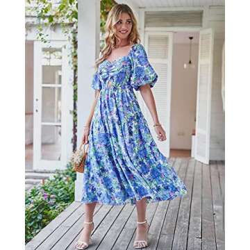 BTFBM Women Summer Dresses 2025 Casual Flowy Beach Square Neck Puff Short Sleeve Smocked Back Boho Floral Long Maxi Dress(Floral Blue, Large)
