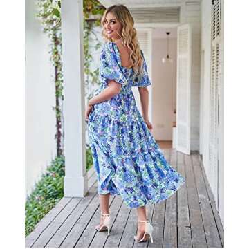 BTFBM Women Summer Dresses 2025 Casual Flowy Beach Square Neck Puff Short Sleeve Smocked Back Boho Floral Long Maxi Dress(Floral Blue, Large)