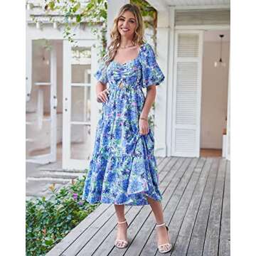 BTFBM Women Summer Dresses 2025 Casual Flowy Beach Square Neck Puff Short Sleeve Smocked Back Boho Floral Long Maxi Dress(Floral Blue, Large)