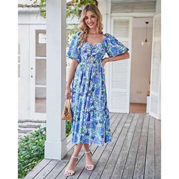 BTFBM Women Summer Dresses 2025 Casual Flowy Beach Square Neck Puff Short Sleeve Smocked Back Boho Floral Long Maxi Dress(Floral Blue, Large)