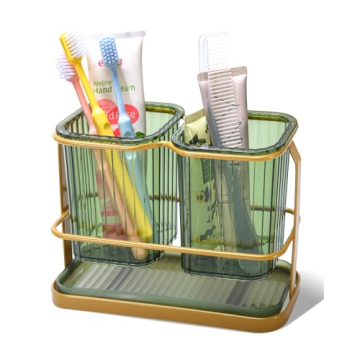 KONE Green Toothbrush Holders for Bathrooms, 2 Cups Toothbrush Holders Wall Mounted, Dry & Wet Separ...