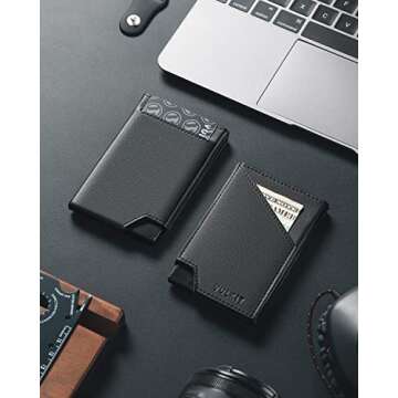 VULKIT Pop up Card Wallet RFID Blocking Slim Aluminum Metal Bank Card Holder Case with Business Money Pocket for Credit Cards Notes and Coins (Black)