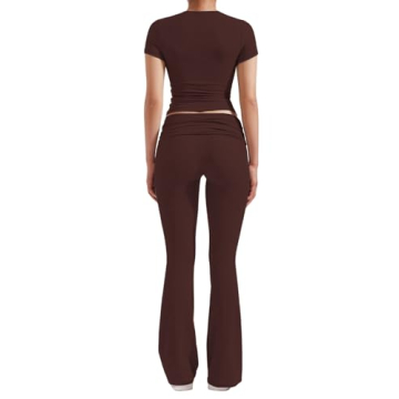 YETOWA Women's 2 Piece Lounge Outfits with Slim Short Sleeve Tops and Low Rise Flare Leggings Sets Versatile Yoga Fall Sweatsuit
