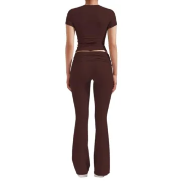 YETOWA Women's 2 Piece Lounge Outfits with Slim Short Sleeve Tops and Low Rise Flare Leggings Sets Versatile Yoga Fall Sweatsuit
