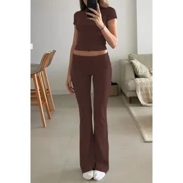 YETOWA Women's 2 Piece Lounge Outfits with Slim Short Sleeve Tops and Low Rise Flare Leggings Sets Versatile Yoga Fall Sweatsuit