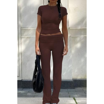 YETOWA Women's 2 Piece Lounge Outfits with Slim Short Sleeve Tops and Low Rise Flare Leggings Sets Versatile Yoga Fall Sweatsuit