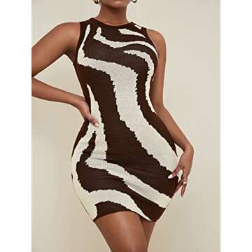 Floerns Women's Zebra Striped Print Sleeveless Bodycon Sweater Mini Dress Brown M