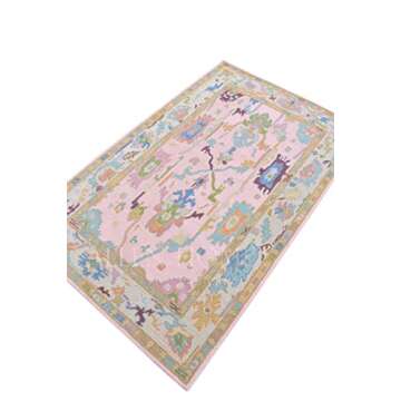 Allen Home Hand Tufted Oushak Wool Rugs - Pastel Ushak Area Carpets Suitable for Living Room, Bedroom, Dining Room - Natural Latex Backing with 100% Cotton - Oushak Caroline Pink - 5’ x 8’