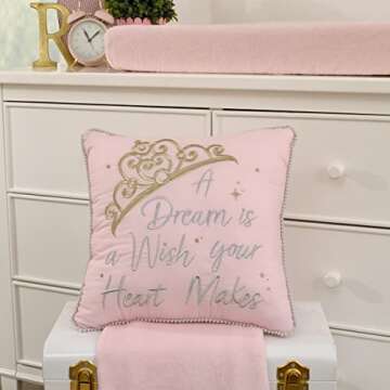 Disney Princess Enchanting Dreams Pink and Gold Embroidered Crown Decorative Throw Pillow with White Pom Pom Trim