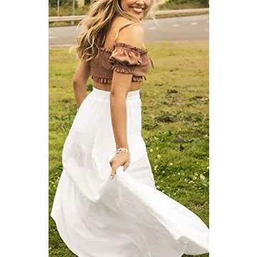 Annebouti Long Pleated Skirts for Women 2025 Spring Summer White Elastic Waist Boho A Line Trendy Beach Tiered Maxi Skirt