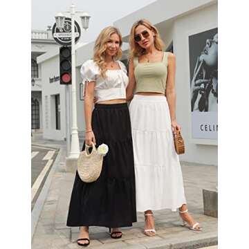 Annebouti Long Pleated Skirts for Women 2025 Spring Summer White Elastic Waist Boho A Line Trendy Beach Tiered Maxi Skirt