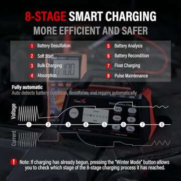 TowerTop Smart Car Battery Charger: 10A Battery Chargers 6V/12V Boat Battery Chargers with Auto Desulfator, Repair, Maintainer, Winter Mode, Suitable for AGM, Lithium (LiFePO4), Deep-Cycle Batteries