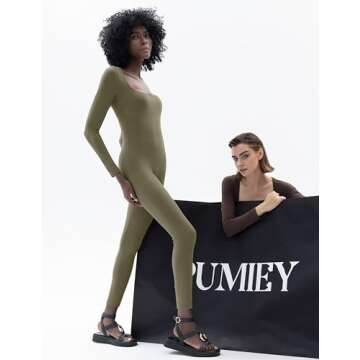 PUMIEY Jumpsuits for Women Square Neck Long Sleeve Bodycon Unitard One Piece Outfits Chill Collection
