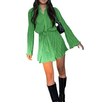 LYANER Women's Collar V Neck Button Down Pleated Long Sleeve Mini Shirt Dress with Belt Solid Green Small
