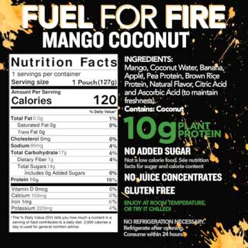Fuel for Fire VEGAN Protein Smoothie Squeeze Pouch - Mango Coconut (24-Pack) | Healthy Snack & Recovery | No Sugar Added, Dietitian Approved | Plant Based Functional Fruit Smoothies (4.5oz pouches)