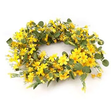 J'FLORU Artificial Spring Wreath 22 Inch Summer Wreaths for Front Door Yellow Daisy Wreath for Indoor Outdoor Home Decor and Easter Celebration