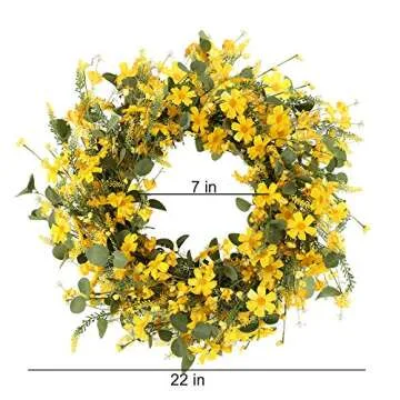 J'FLORU Artificial Spring Wreath 22 Inch Summer Wreaths for Front Door Yellow Daisy Wreath for Indoor Outdoor Home Decor and Easter Celebration