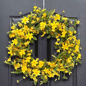 J'FLORU Artificial Spring Wreath 22 Inch Summer Wreaths for Front Door Yellow Daisy Wreath for Indoor Outdoor Home Decor and Easter Celebration