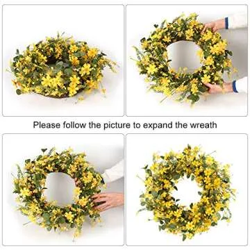 J'FLORU Artificial Spring Wreath 22 Inch Summer Wreaths for Front Door Yellow Daisy Wreath for Indoor Outdoor Home Decor and Easter Celebration