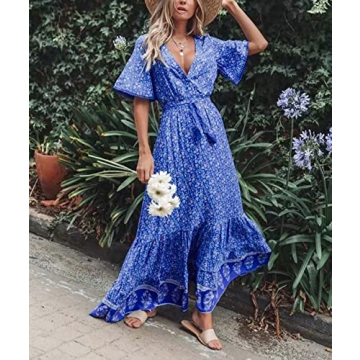 R.Vivimos Womens Summer Cotton Short Sleeve V Neck Floral Print Casual Bohemian Midi Dresses (XL, Blue)