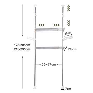 Hershii 2-Layer Laundry Shelf Over Washer and Dryer Clothes Drying Pole Organizer Floor to Ceiling Adjustable Storage Rack Bathroom Space Saver Behind Toilet Shelving Units Double Tension Rods