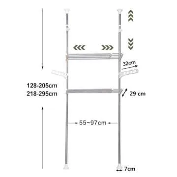 Hershii 2-Layer Laundry Shelf Over Washer and Dryer Clothes Drying Pole Organizer Floor to Ceiling Adjustable Storage Rack Bathroom Space Saver Behind Toilet Shelving Units Double Tension Rods