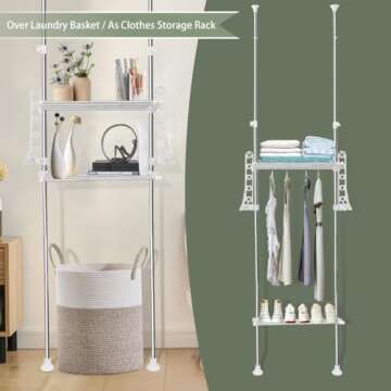 Hershii 2-Layer Laundry Shelf Over Washer and Dryer Clothes Drying Pole Organizer Floor to Ceiling Adjustable Storage Rack Bathroom Space Saver Behind Toilet Shelving Units Double Tension Rods