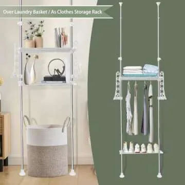 Hershii 2-Layer Laundry Shelf Over Washer and Dryer Clothes Drying Pole Organizer Floor to Ceiling Adjustable Storage Rack Bathroom Space Saver Behind Toilet Shelving Units Double Tension Rods