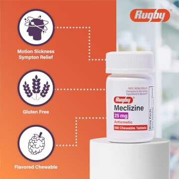 Rugby Meclizine Chewable Tablets 25mg - Anti-Nausea Medicine Helps with Motion Sickness - 100 Tablets (3 Pack)