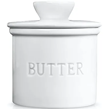 PriorityChef French Butter Crock with Lid, Get on Demand Spreadable Butter, Ceramic Butter Keeper to Leave on Counter with Water Line, White