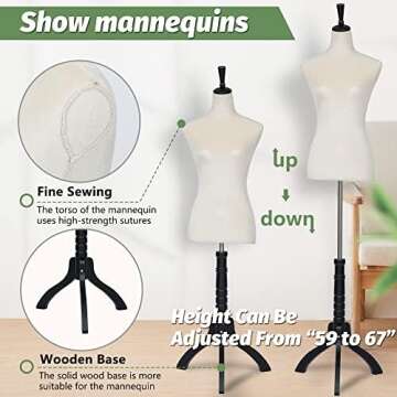 Mannequin Dress Form Female Sewing Mannequin Torso with Stand Adjustable 59-67 Inch Adjustable Mannequin Body for Sewing Counter Window Display (Beige, 59-67Inches)