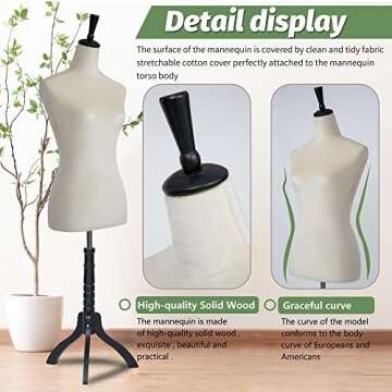 Mannequin Dress Form Female Sewing Mannequin Torso with Stand Adjustable 59-67 Inch Adjustable Mannequin Body for Sewing Counter Window Display (Beige, 59-67Inches)