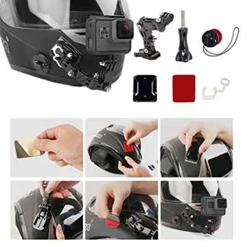 WLPREOE 34in1 Motorcycle Helmet Chin Mount Kits for GoPro Hero 13 12 11 10 9 8 7 Black Silver White 6 Osmo and Other Action Camera with Helmet Adhesive Sticky Mounts and Buckle, Extra Camera Tethers