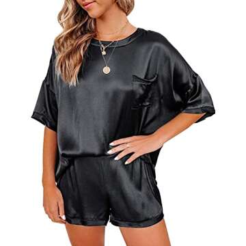 Ekouaer Satin Pajamas for Women Short Sleeve Silk Pajama Sets Soft Sleepwear Top with Causal Pj Shorts Black XXL