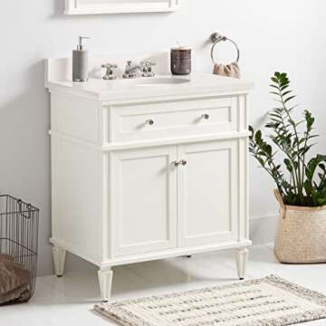 Signature Hardware 464601 Elmdale 30" Free Standing Single Vanity Set with Mahogany Cabinet, Vanity Top, and Oval Undermount Vitreous China Sink - 8" Faucet Holes - White/Feathered White