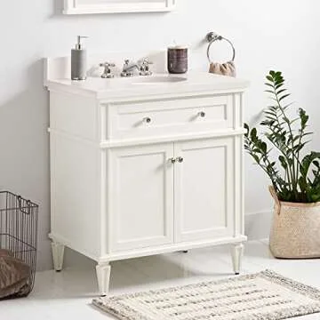 Signature Hardware 464601 Elmdale 30" Free Standing Single Vanity Set with Mahogany Cabinet, Vanity Top, and Oval Undermount Vitreous China Sink - 8" Faucet Holes - White/Feathered White