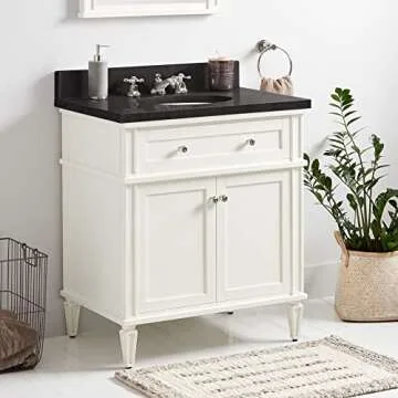 Signature Hardware 464601 Elmdale 30" Free Standing Single Vanity Set with Mahogany Cabinet, Vanity Top, and Oval Undermount Vitreous China Sink - 8" Faucet Holes - White/Feathered White