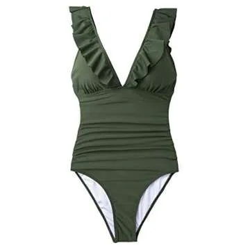 CUPSHE Women's Ruffled One Piece Swimsuit V Neck Lace Up Green