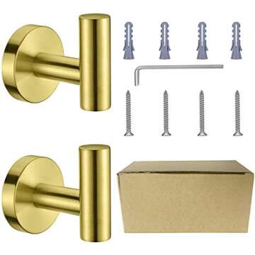Nolimas Bathroom Towel Hooks SUS 304 Stainless Steel Coat Hook Round Clothes Towel Coat Robe Hook Cabinet Closet Door Sponges Holder for Bath Kitchen Garage Hotel,Wall Mounted,Brushed Gold,2Pack