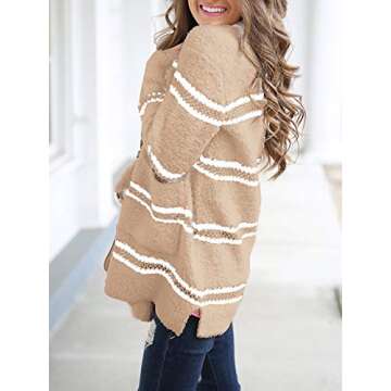 FERBIA Women Fleece Cardigan Striped Boyfriend Sweaters Long Sleeve Open Front Loose Knit with Pockets Khaki