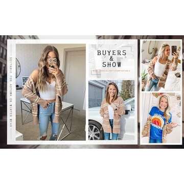 FERBIA Women Fleece Cardigan Striped Boyfriend Sweaters Long Sleeve Open Front Loose Knit with Pockets Khaki