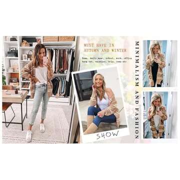 FERBIA Women Fleece Cardigan Striped Boyfriend Sweaters Long Sleeve Open Front Loose Knit with Pockets Khaki