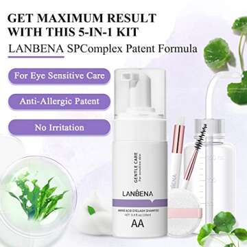 LANBENA Lash and Eyelash Cleanser Kit 100ml - Amino Acid Foam for Sensitive Skin, Makeup Remover, Pa...