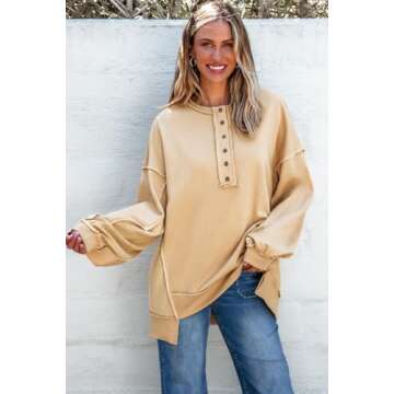 AlvaQ Pullover Sweatshirts For Women 2024 Winter Loose Long Sleeve Button Down Patchwork Sweatshirts Casual Henley Neck Drop Shoulder Tops Khaki Large