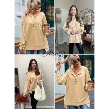 AlvaQ Pullover Sweatshirts For Women 2024 Winter Loose Long Sleeve Button Down Patchwork Sweatshirts Casual Henley Neck Drop Shoulder Tops Khaki Large