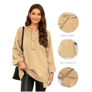 AlvaQ Pullover Sweatshirts For Women 2024 Winter Loose Long Sleeve Button Down Patchwork Sweatshirts Casual Henley Neck Drop Shoulder Tops Khaki Large