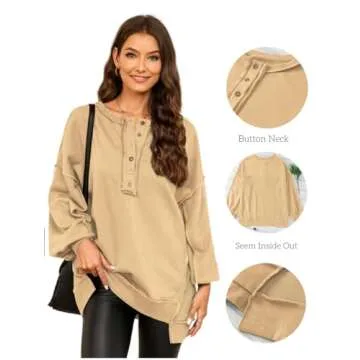 AlvaQ Pullover Sweatshirts For Women 2024 Winter Loose Long Sleeve Button Down Patchwork Sweatshirts Casual Henley Neck Drop Shoulder Tops Khaki Large