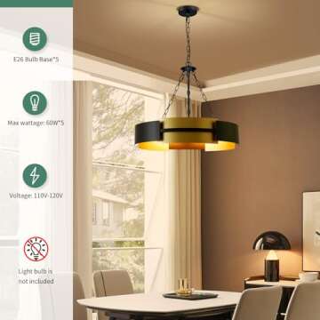 Avzkcy 26-Inch Modern Chandelier Industrial Black and Gold Light Fixture Large Drum Pendant Lighting...