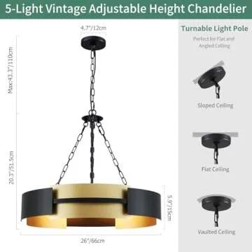 Avzkcy 26-Inch Modern Chandelier Industrial Black and Gold Light Fixture Large Drum Pendant Lighting for Dining Room Kitchen Living Room Foyer Height Ajustable 5-Light