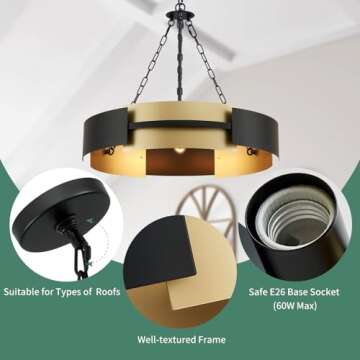 Avzkcy 26-Inch Modern Chandelier Industrial Black and Gold Light Fixture Large Drum Pendant Lighting for Dining Room Kitchen Living Room Foyer Height Ajustable 5-Light